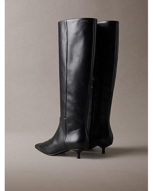Calvin Klein Black Leather Kitten Heel Knee Boots