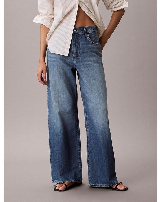 Calvin Klein Blue Cotton Linen Wide Leg Jeans