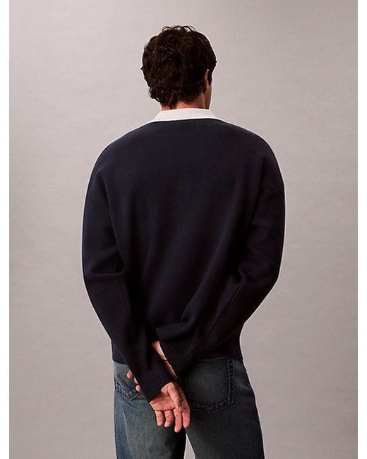 Calvin Klein Black Jeans Cotton Relaxed Johnny Collar Sweater for men