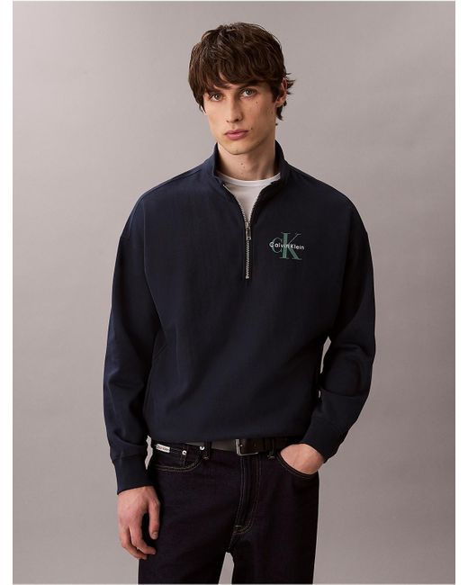 Calvin Klein Blue Calvin Klein Monologo Premium Terry Quarter Zip Sweatshirt for men