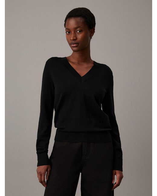 Calvin Klein Black Merino Wool V-Neck Jumper