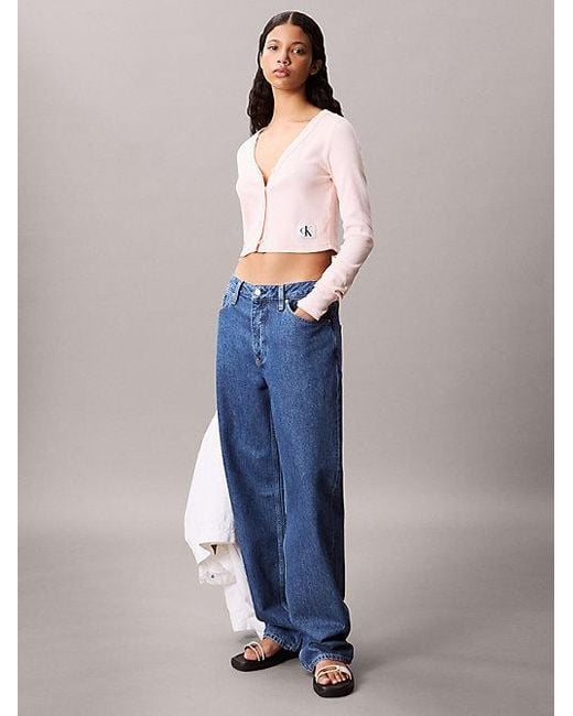 Calvin Klein White Cropped Cardigan Aus Gerippter Baumwolle