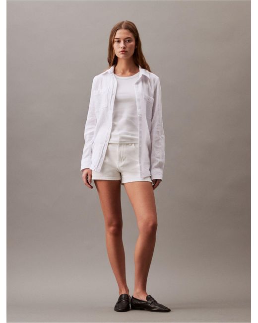 Calvin Klein White Textured Button-front Roll-sleeve Shirt