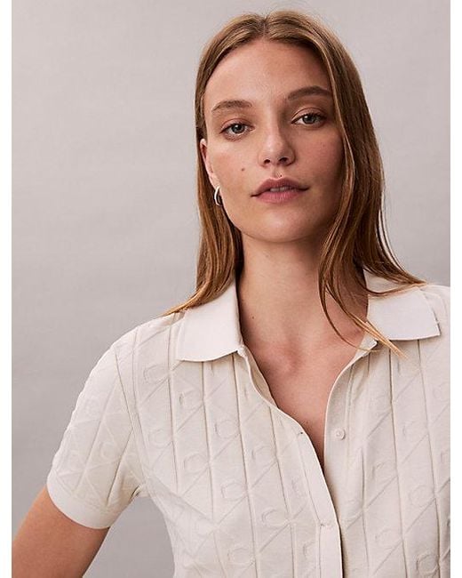 Calvin Klein Natural Jeans Allover Monogram Logo Jacquard Polo Top