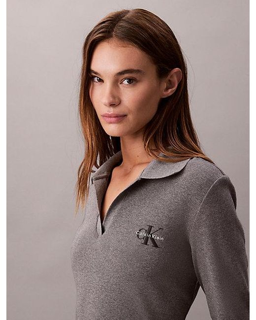 Calvin Klein Gray Jeans Slim Ribbed Cotton Polo Dress