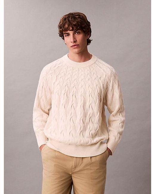 Calvin Klein Brown Lambswool Blend Cable Knit Crewneck Jumper for men