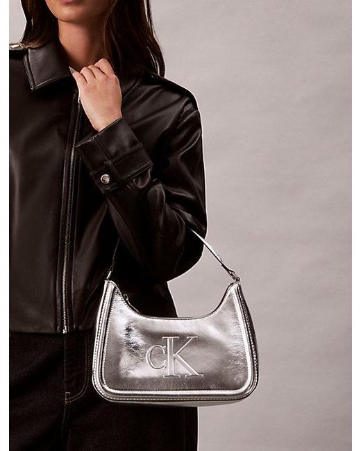 Calvin Klein Gray Bold Monogram Metallic Shoulder Bag