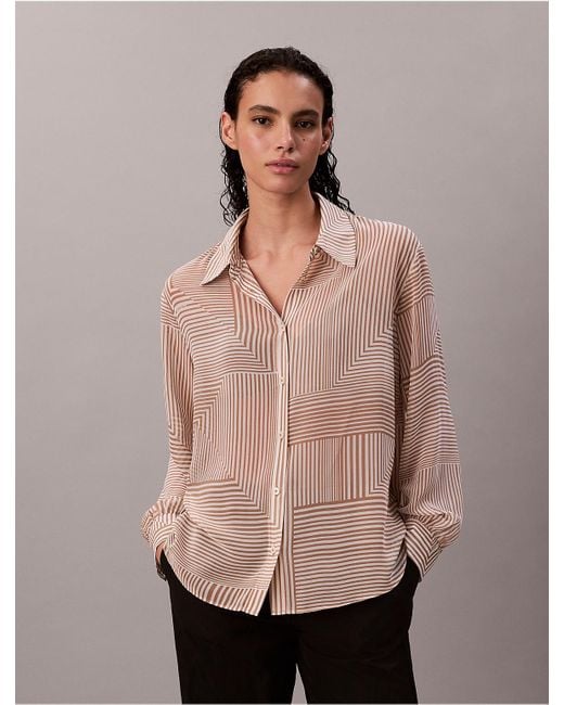 Calvin Klein Natural Chiffon Printed Classic Button-Down Shirt