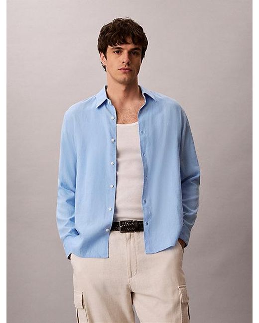 Calvin Klein Blue Solid Linen Blend Classic Shirt for men