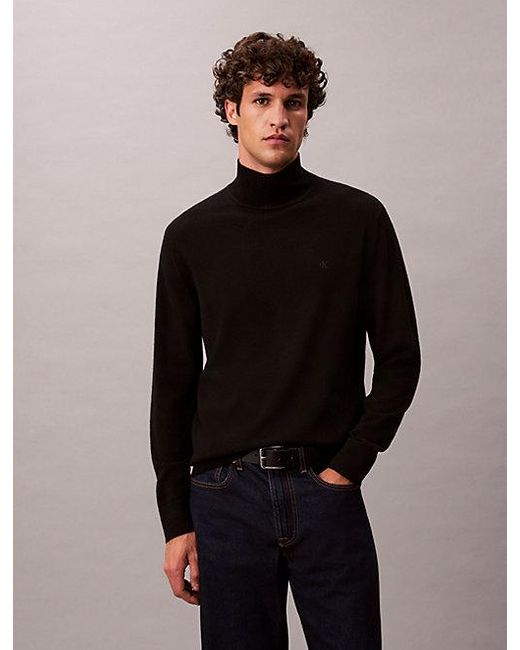 Calvin Klein Black Merino Wool Mock Neck Jumper for men
