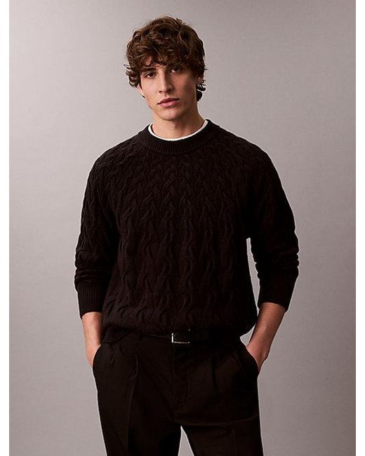 Calvin Klein Black Lambswool Blend Cable Knit Crewneck Jumper for men