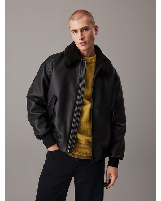 Calvin Klein Black Faux Leather Aviator Jacket for men