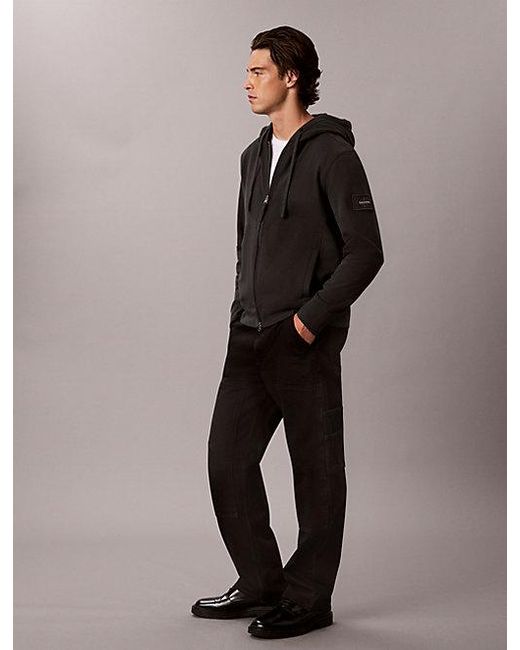 Calvin Klein Black Jeans Cotton Terry Badge Zip Hoodie for men