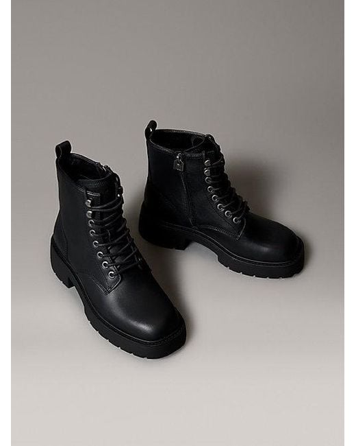 Calvin Klein Black Jeans Leather Chunky Heeled Lace Up Boots