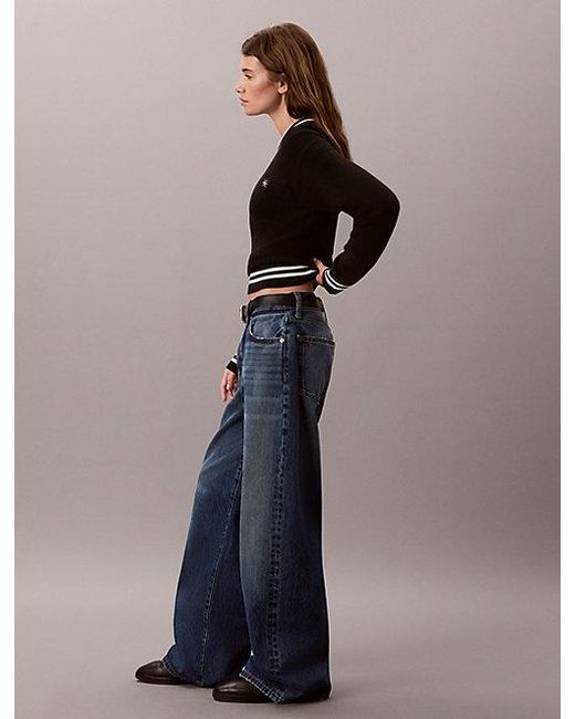 Calvin Klein Black Jeans Cotton Knit Stripe Trim Jumper