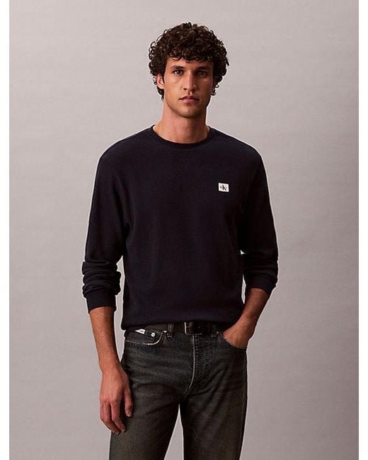 Calvin Klein Wafel-T-Shirt Met Lange Mouwen in het Blue voor heren