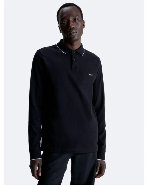 Calvin Klein Blue Stretch Pique Long Sleeve Polo Shirt for men
