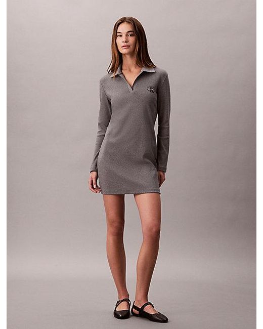 Calvin Klein Gray Jeans Slim Ribbed Cotton Polo Dress