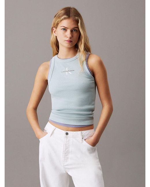 Canotta Slim A Costine Con Monogramma di Calvin Klein in Blue