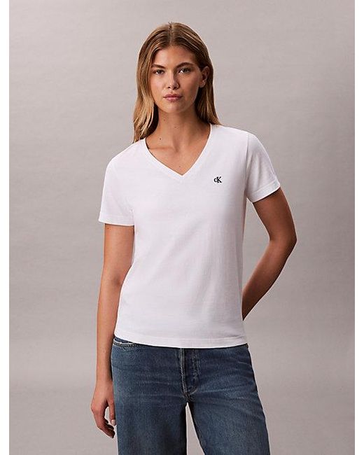 Calvin Klein White Jeans Relaxed Monogram V Neck T-Shirt