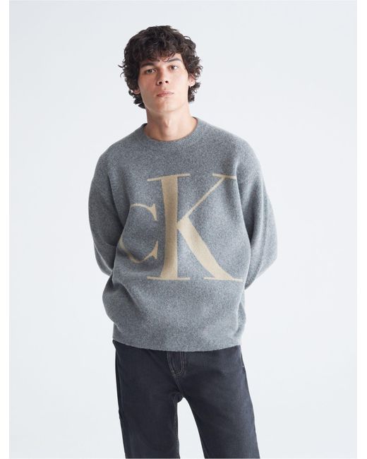 Calvin Klein Monogram Logo Jacquard Crewneck Sweater in Blue for Men