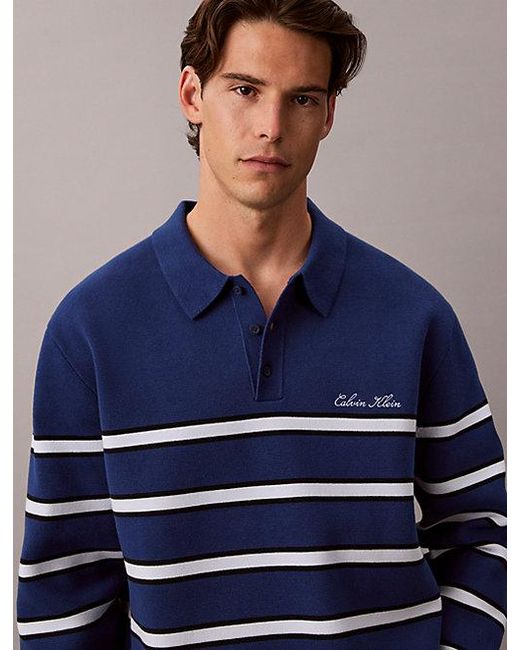 Calvin Klein Blue Jeans Cotton Stripe Polo Jumper for men