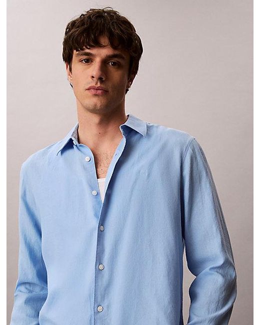 Calvin Klein Blue Solid Linen Blend Classic Shirt for men
