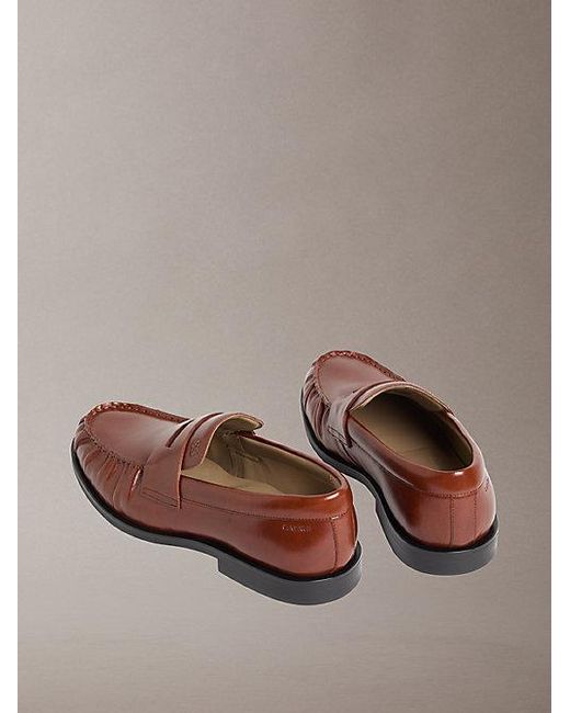 Calvin Klein Brown Theo Leather Pleated Penny Loafers for men