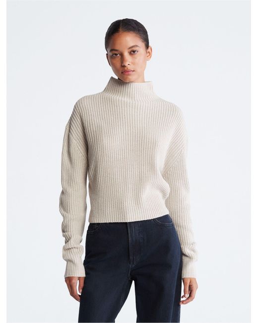 Calvin Klein White Ribbed Elbow Patch Mock Neck Sweater