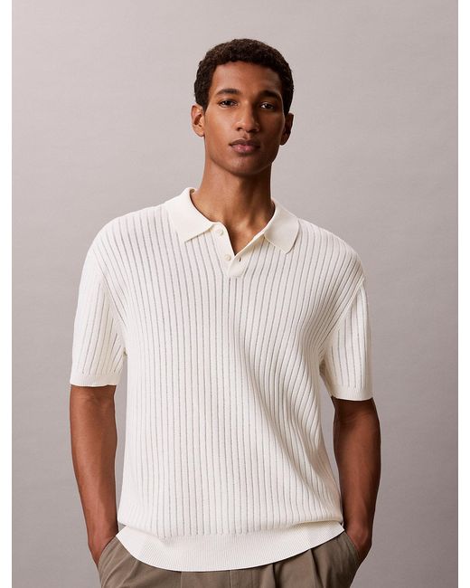 Calvin Klein White Soft Pointelle Knit Polo Shirt for men