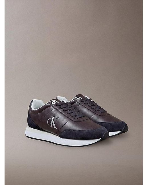 Calvin Klein Gray Leather Signature Logo Runner Trainers