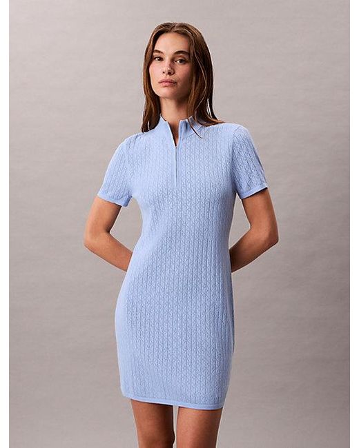 Calvin Klein Blue Jeans Logo Jacquard Zip Neck Dress
