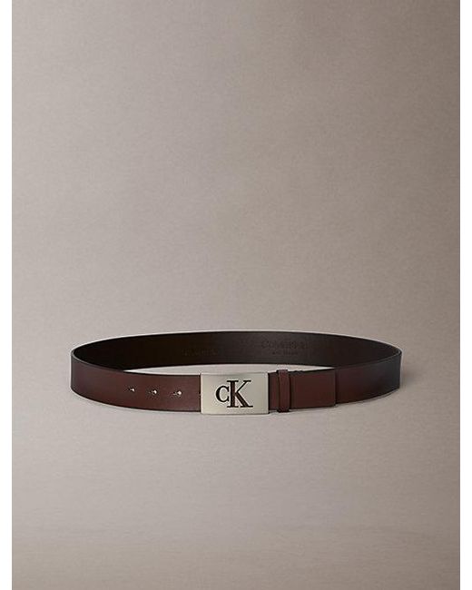 Calvin Klein Brown Leather Monogram Plaque Buckle Belt for men