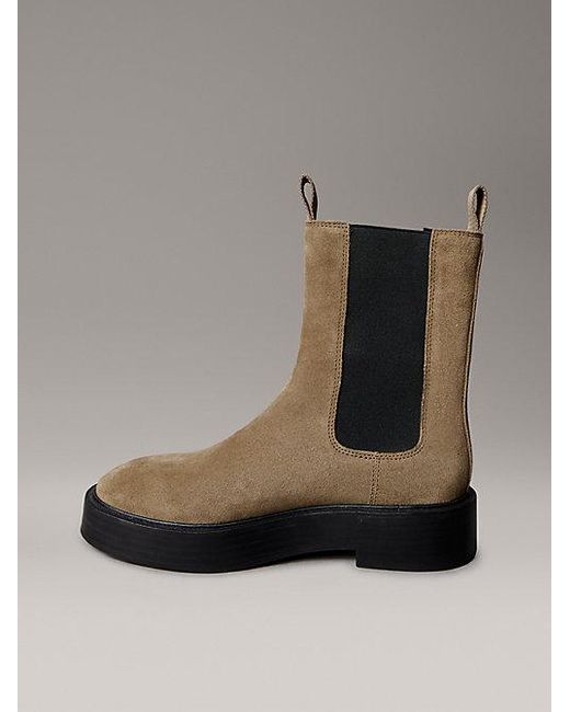 Calvin Klein Gray Jeans Suede Stacked Heel Chelsea Boots