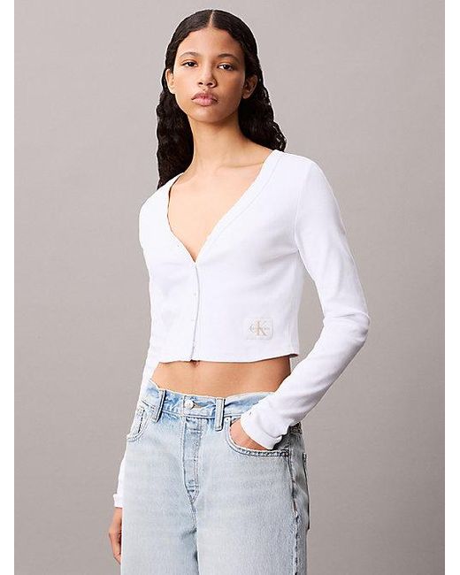 Calvin Klein White Jeans Cropped Ribbed Cotton Cardigan