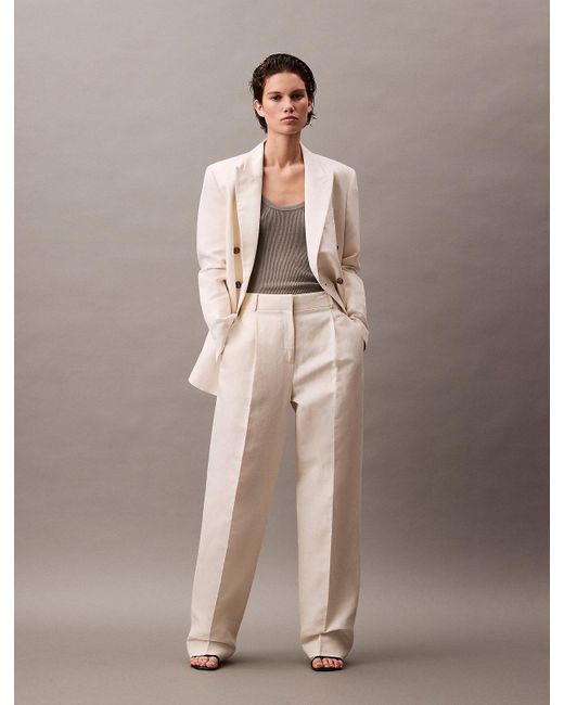Calvin Klein White Relaxed Linen Pleated Trousers