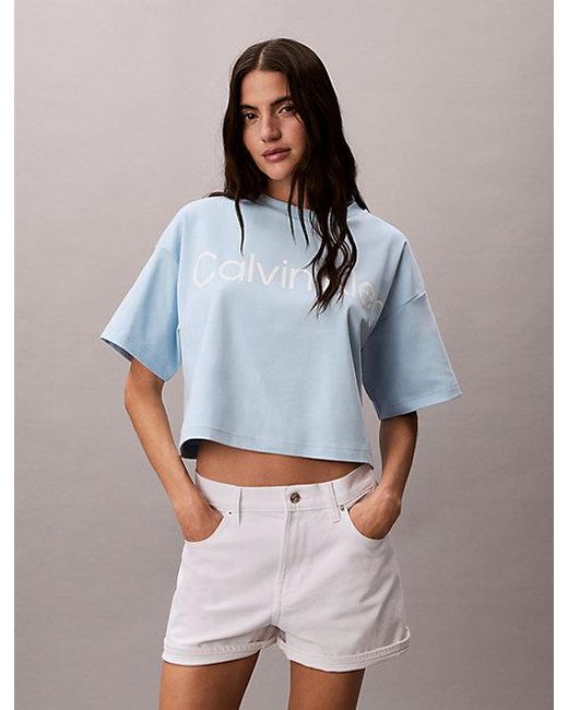 Calvin Klein Blue Logo Graphic Boxy Cropped T-Shirt