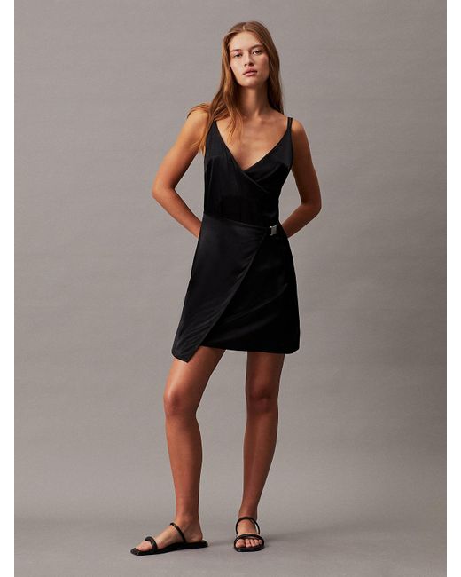 Calvin Klein Black Satin Wrapover Slip Dress