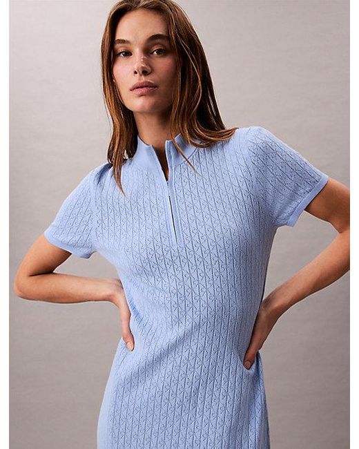 Calvin Klein Blue Jeans Logo Jacquard Zip Neck Dress