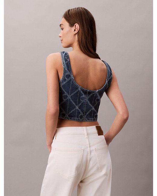 Calvin Klein Blue Denim Allover Monogram Cropped Tank Top