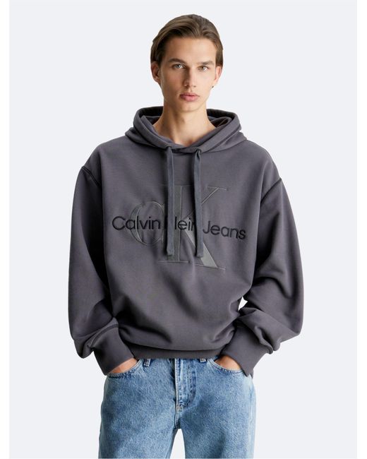 Calvin Klein Gray Embossed Monogram Logo Fleece Hoodie for men