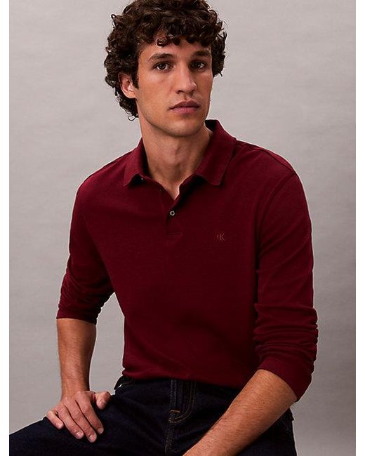 Calvin Klein Red Supima Cotton Long Sleeve Polo Shirt for men