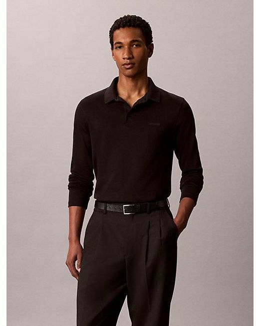 Calvin Klein Black Slim Cotton Long Sleeve Polo Shirt for men