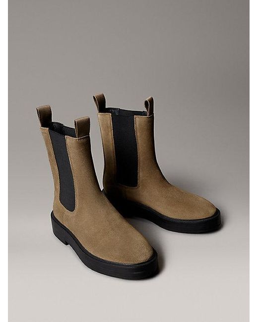 Calvin Klein Gray Jeans Suede Stacked Heel Chelsea Boots