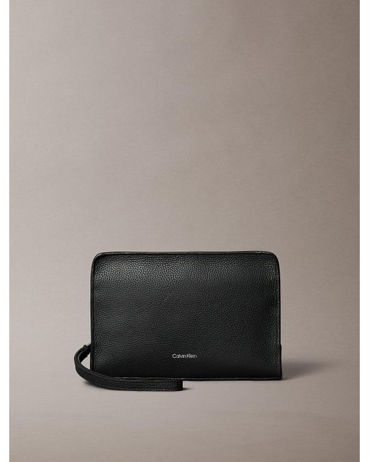 Calvin Klein Black Small Full-Grain Leather Logo Wash Bag for men
