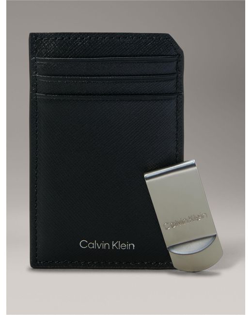 Calvin Klein Black Refined Saffiano Card Case + Money Clip for men