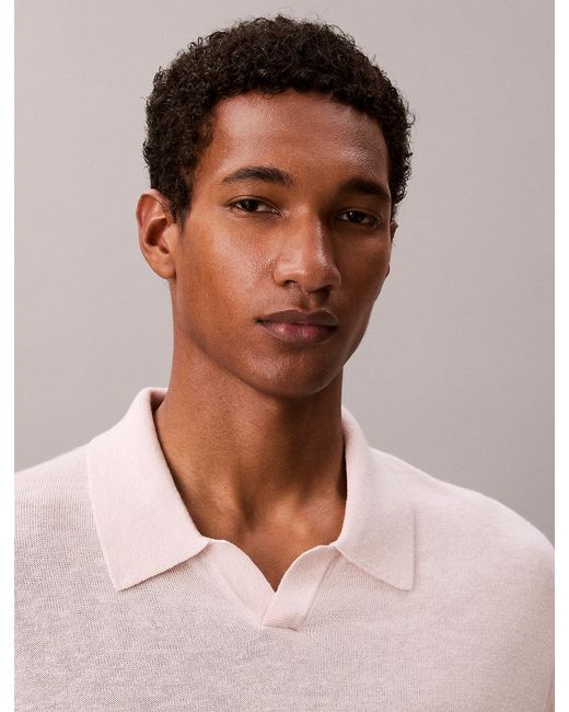 Calvin Klein Pink Linen Blend Open Collar Polo Shirt for men