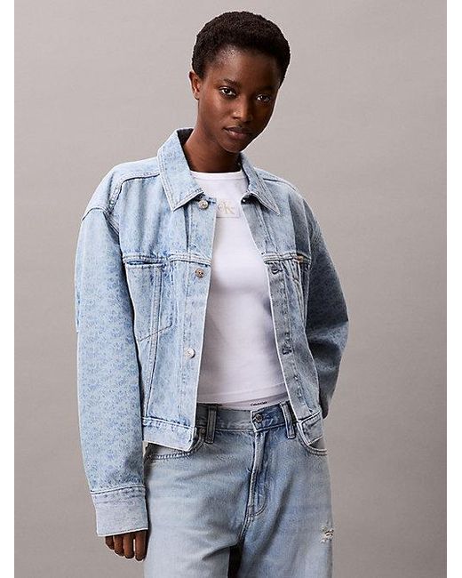 Calvin Klein Blue Jeans Monogram Logo Cropped Denim Jacket