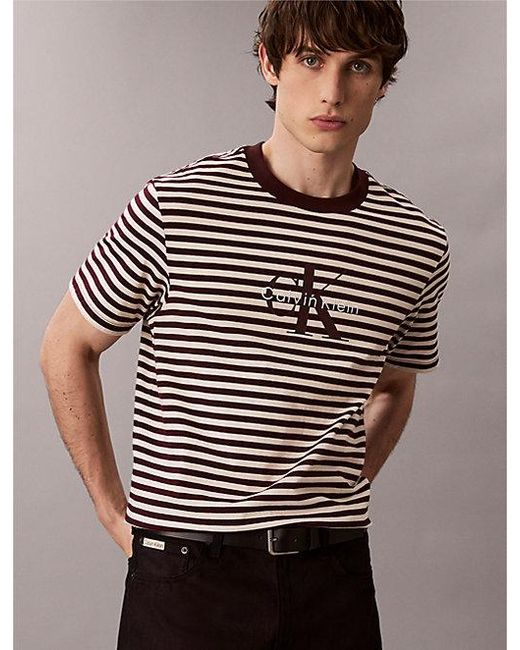 Calvin Klein Brown Jeans Monogram Logo Stripe Relaxed T-Shirt for men