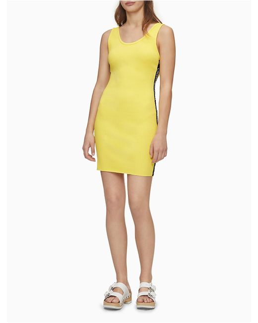 Calvin Klein Yellow Logo Tape Ribbed Sleeveless Mini Dress